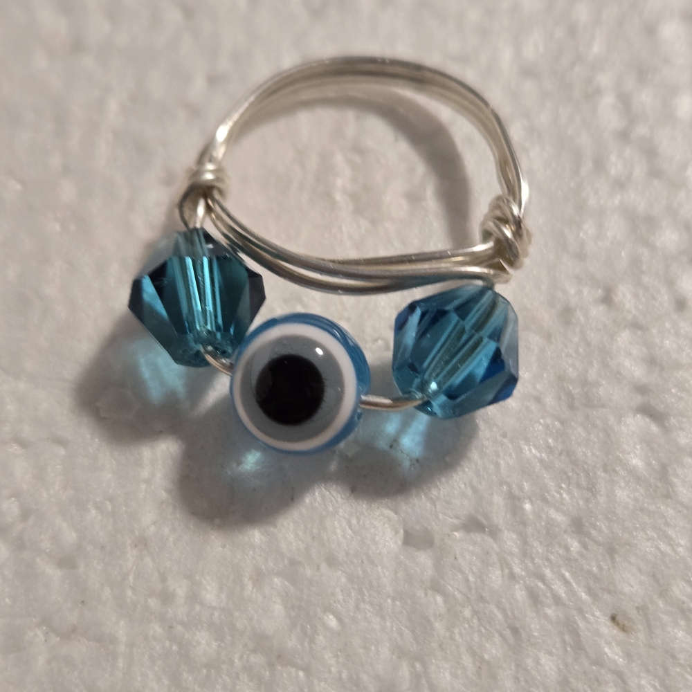 Hand Crafted Silver and Blue Beaded Eye Ring